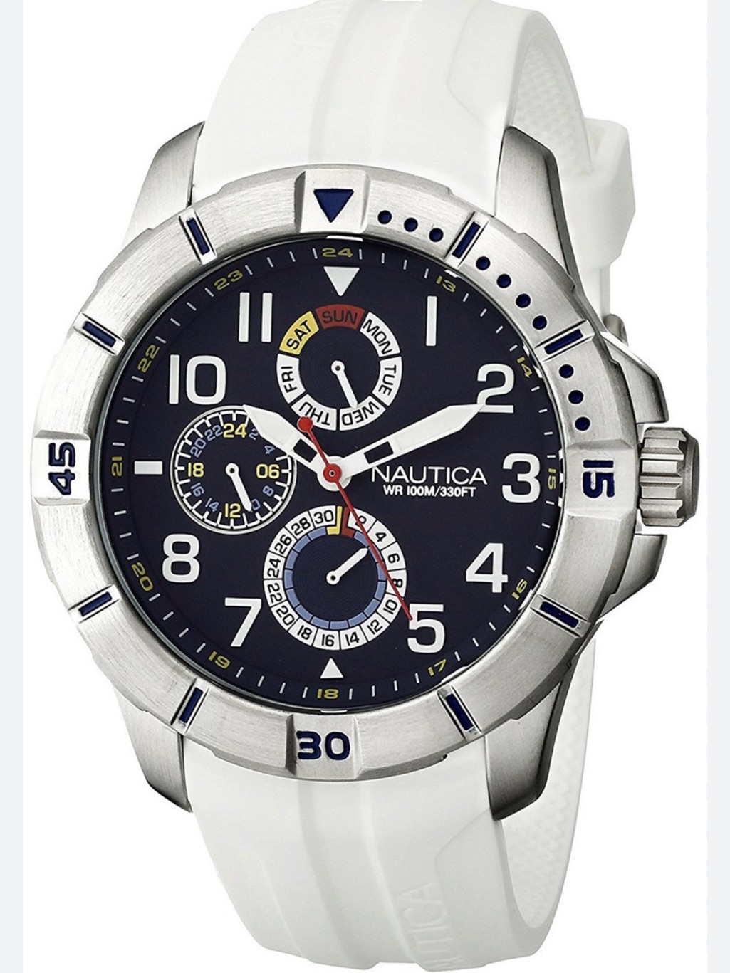 Preowned Nautica White Strap Navy Dial Multifunction Sport Watch